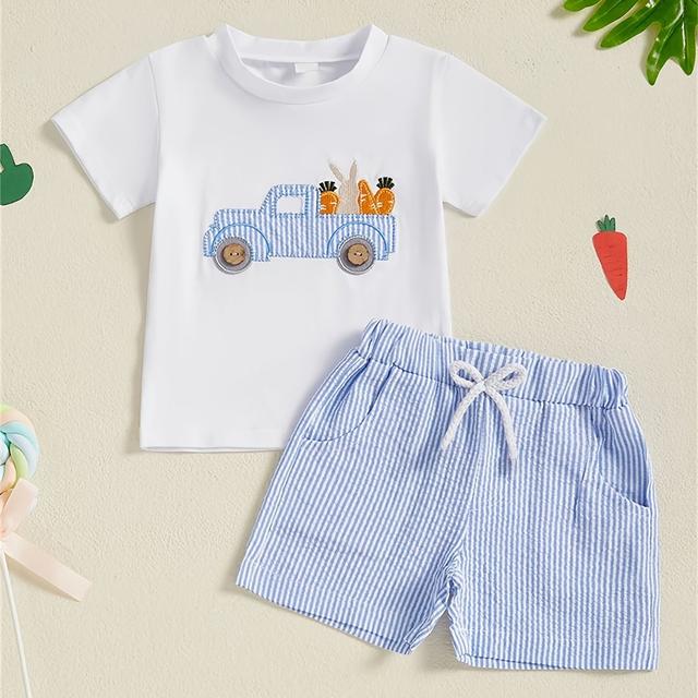 TEMU Ensemble d'été de Pâques pour garçons comprenant un t-shirt à manches courtes avec broderie de camion et de lapin, associé à un short rayé, idéal pour l'extérieur.