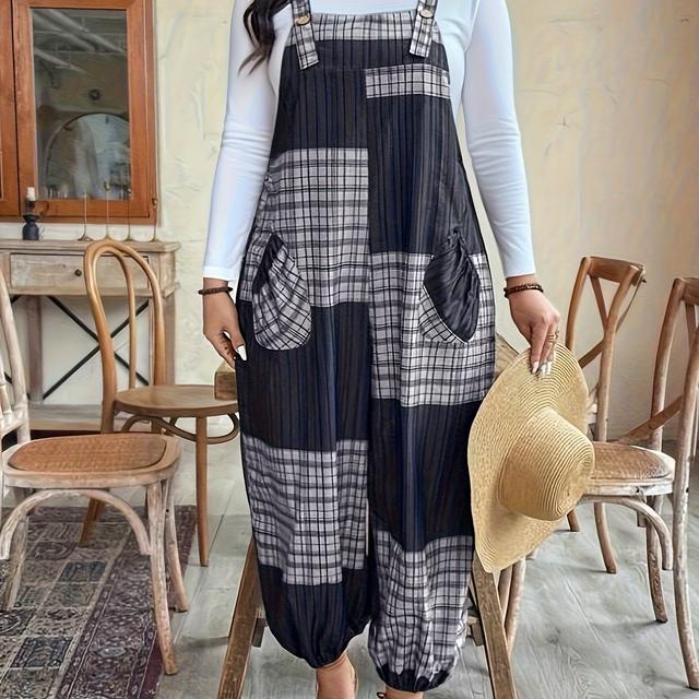 TEMU Plus Size - Plus Size - Neuer Damen Jumpsuit in Übergröße mit Karierten Stoff, Spaghettiträgern, und lockerem Schnitt, geeignet für , Urlaub, Ausflüge und Arbeit