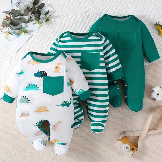 TEMU Striped Dinosaur One-piece Crawling Three-piece Harem Suit, For Outdoor