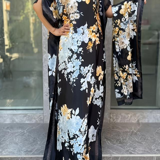 TEMU Plus Size - Plus Size - Plus Size Floral Pattern Longline Dress, Elegant Short Sleeve Crew Neck Dress With Scarf For , Women's Plus Size Clothing