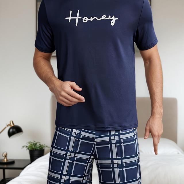 TEMU Honey Alphabet Print Pajama Set, Round Neck Design, Medium Elasticity, , Unisex Sleepwear Suitable For All