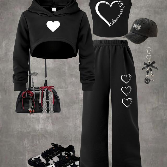 TEMU 3pcs Set For Girls Including A Long-sleeve Hooded Crop Sweatshirt, A Tank Top, And Long Pants, Perfect For Casual And Sporty Outdoor Activities, For Outdoor