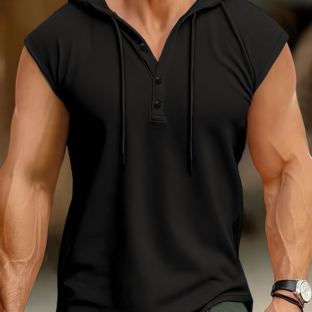 TEMU Men's Sleeveless Hooded Henley Shirt - Lightweight, Breathable Polyester | Summer Casual & Sporty Top With Button Detail | Machine Washable