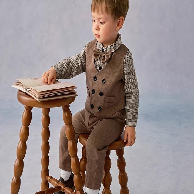 TEMU Formelles Herren-Outfit-Set für Kleinkinder: Kariertes Hemd, zweilagige Weste, Hose Fliege. Eleganter Anzug für den ersten Geburtstag, die Taufe oder besondere Anlässe