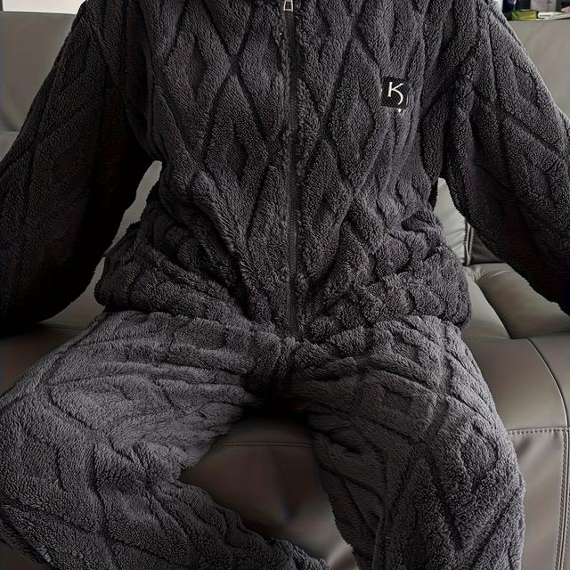 TEMU Conjunto de Pijama Casual Estilo Minimalista para Hombre, Ropa Cómoda de Franela con Camiseta de Larga y Pantalón Holgado para Otoño/Invierno