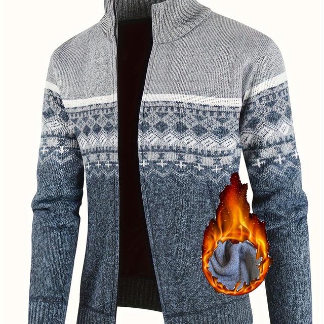 TEMU Men's Geometric Pattern Sweater With Zipper Pocket, Long Sleeve, Casual Sports Knit Top, Polyester, Universal Fit, For Outdoor Hiking, Daily & Leisure Activities, Unisex-adult