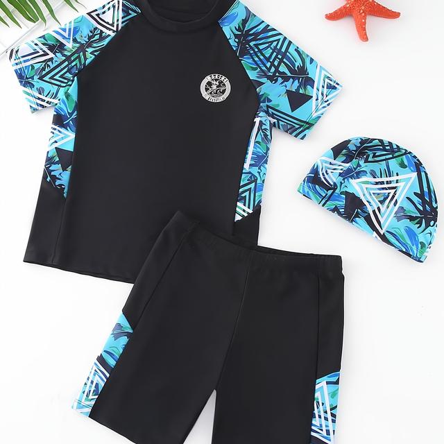 TEMU Boys' Summer Fashion Swimwear, A Soft, Comfortable, Quick-drying, Breathable, And Stylish Swimsuit And T-shirt Set