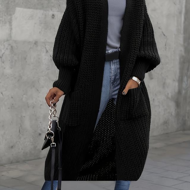 TEMU Plus Size Solid Color Rib Knit Open Front Cardigan, Elegant Long Sleeve Longline Knitted Cardigan, Women's Plus Size Clothing