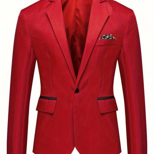 TEMU Chaqueta Blazer Casual para Hombre de Color Sólido con Solapa y Ribete - Abrigo Ligero de /Otoño, Corte Regular para Oficina y Uso Semi-Formal, Estilo Coreano, Costura Sofisticada