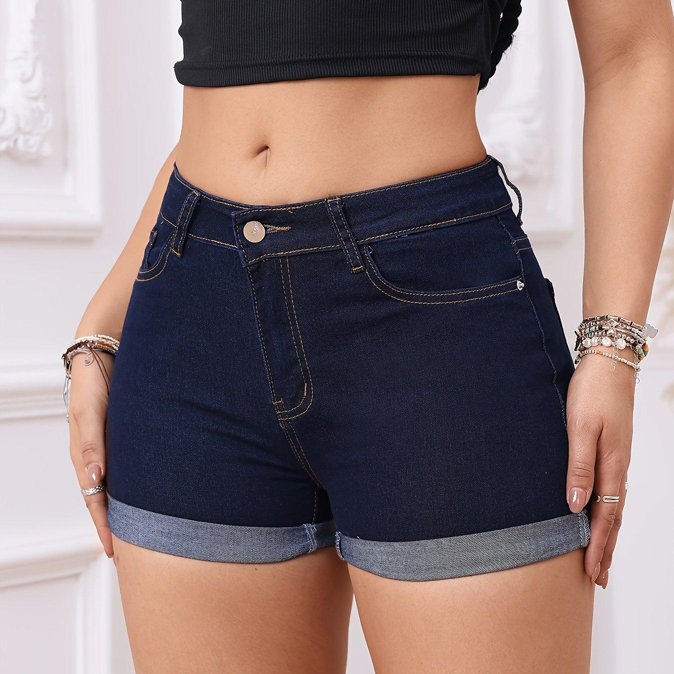 TEMU Fashion Denim Shorts | High Stretch, Washed Solid Color, For Spring/summer