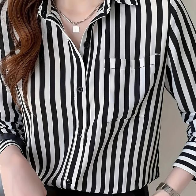 TEMU Women's Striped Button-front Shirt, Casual Long-sleeve Lapel Shirt