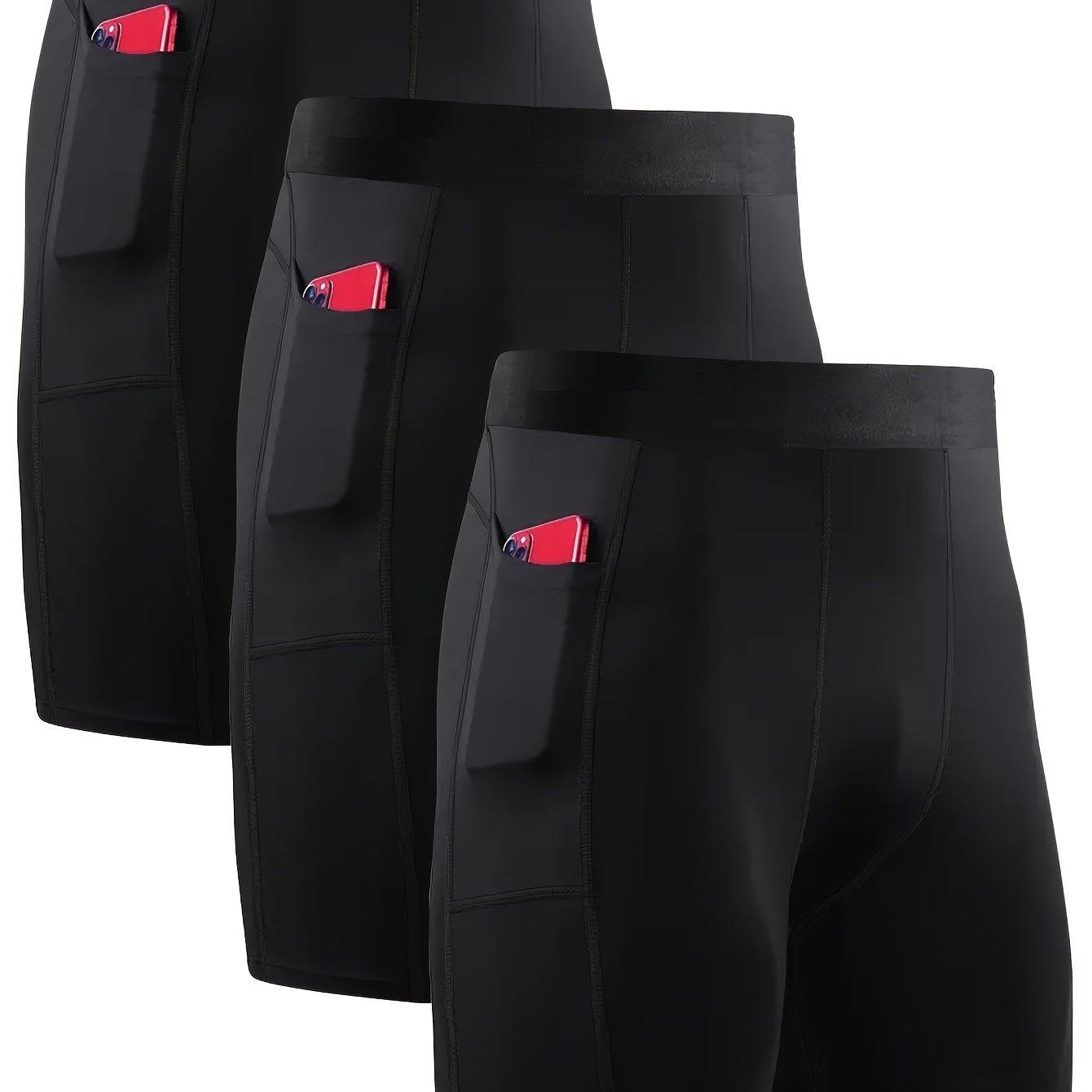 TEMU 3-pc Men's Athletic Fitness Running Quick-drying Base Leggings With Pockets, Long Leg Performance Compression Stretch Men's Shorts