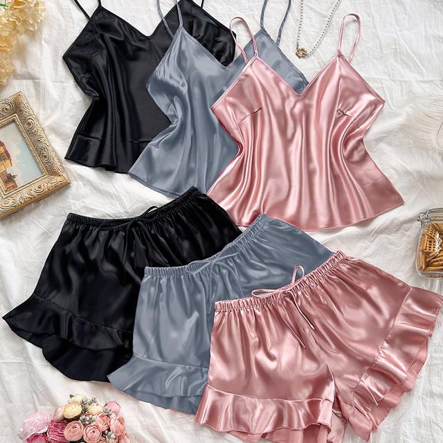 TEMU Conjunto de 6 piezas de pijamas modernos de color sólido sin y pantalones cortos para adolescentes, aptos para todas , para jóvenes.