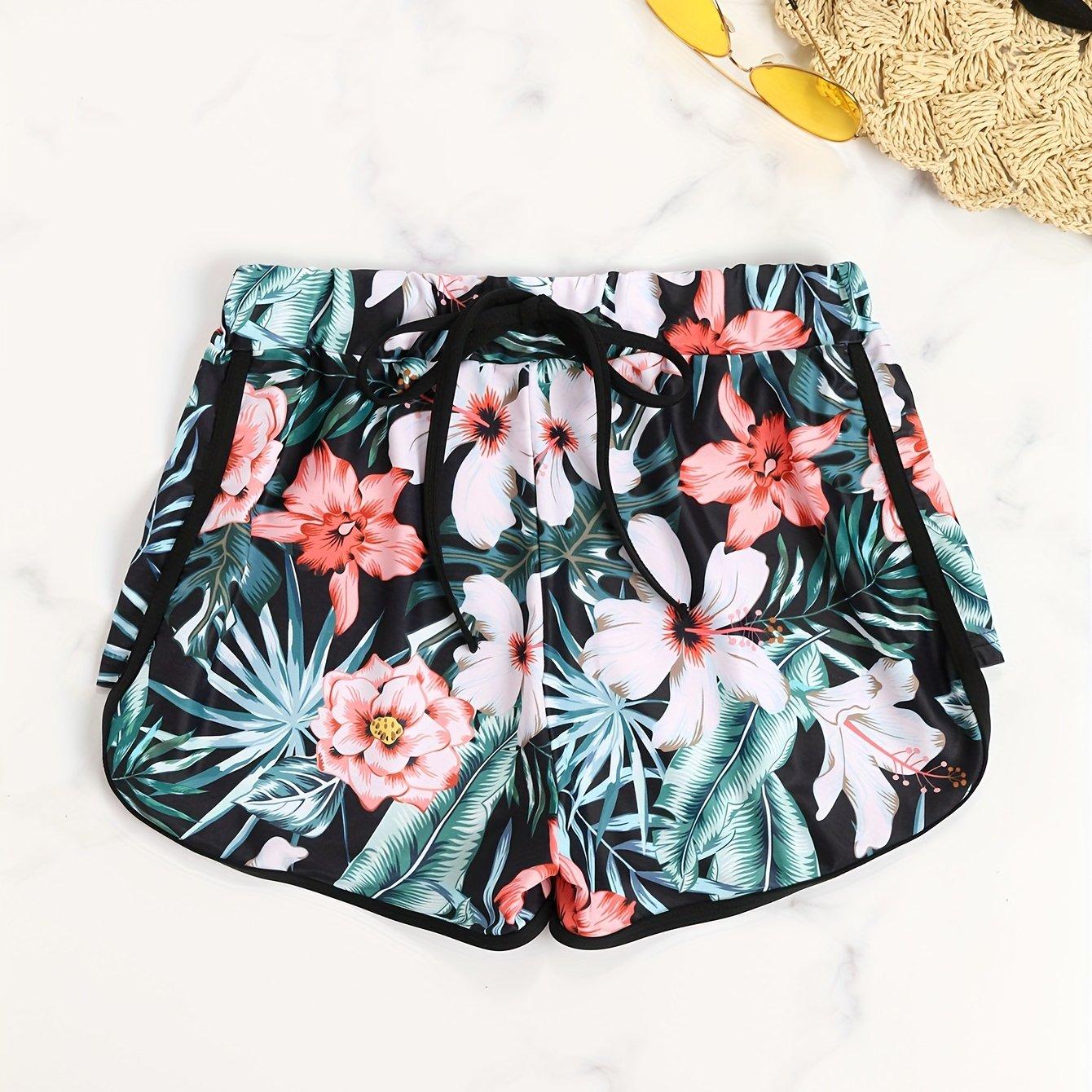 TEMU European And Series High-waisted Flat-leg Floral Print Women's Swim Trunks