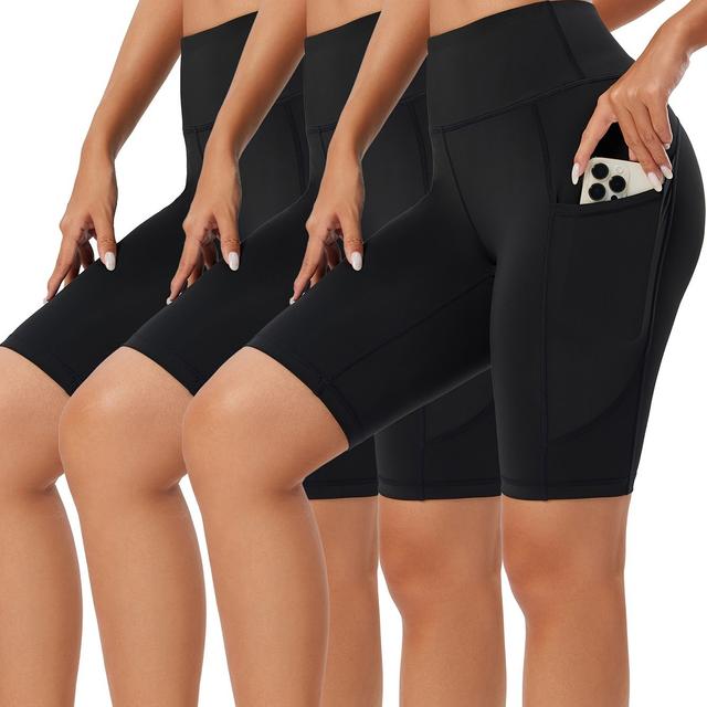 TEMU Damen Hochtaillierte Yoga-Shorts mit - 3er-Set, Bauchkontrollierende Kompressions-Sportleggings für Laufen & Fitness, Schwarz, Damen Sportshorts, Hohe Taille, Yoga-Hosen, Kompression, Leggings