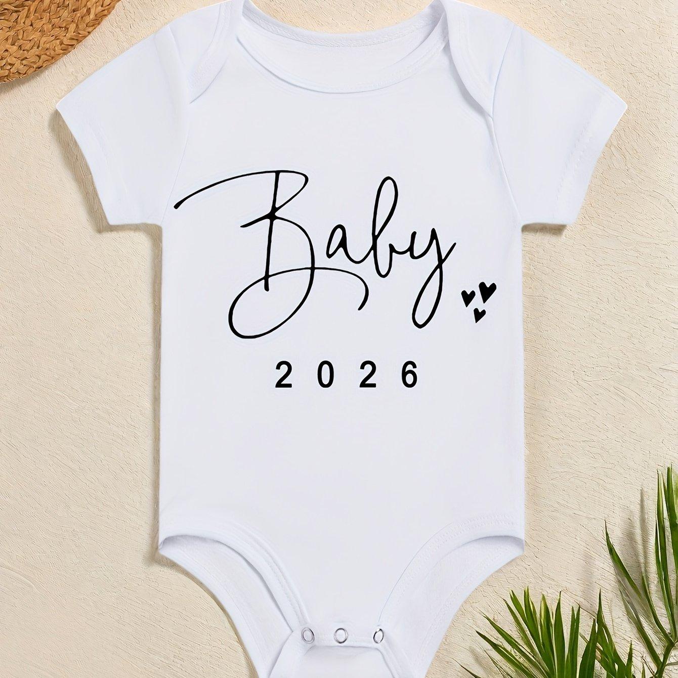TEMU Baby 2026 Newborn Announcement Souvenir 2026 Year Baby Christening Outfit Pregnancy Gift, Baby Short Sleeve T-shirt Outing Wear, Baby Casual Wear, For Outdoor