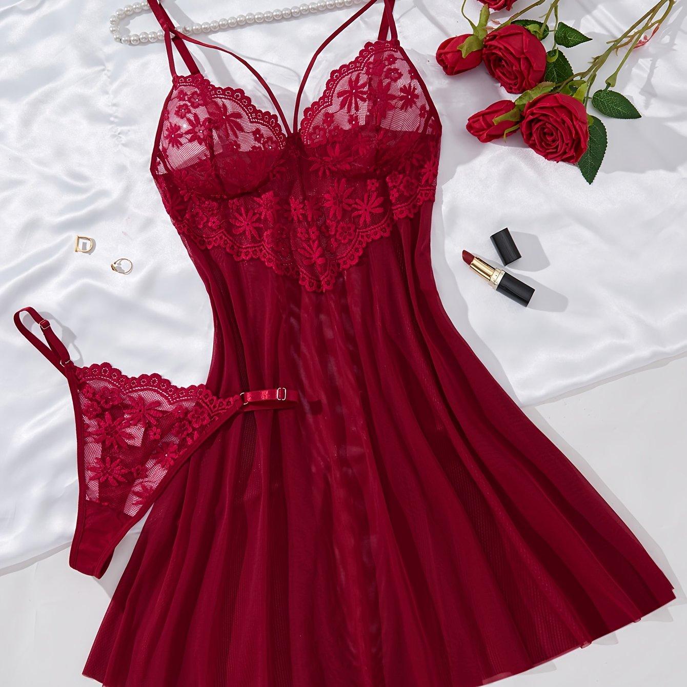 TEMU Elegant Solid Color Sexy Short Sleep Dress | Wine Red Lace Mesh Panel Bra, Fashionable Semi-sheer Sexy Nightwear With Dual Straps