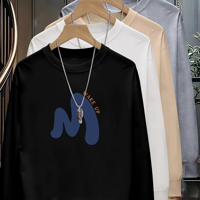 TEMU 4 عبوات من قمصان طويلة الأكمام غير الرسمية برقبة طاقمية، نمط ، محبوك عالي المرونة، بوليستر 95% إ[lastane] 5%، طباعة أنيقة للمراهقين - مجموعة