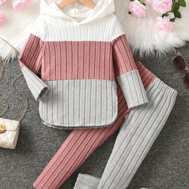 TEMU 2-teiliges Mädchen-Set mit einem lässigen, gerippten Rippstrick-Oberteil mit Kapuze, langen Ärmeln und figurbetonten Hosen, geeignet für Winter- und Herbstkleidung, für Outdoor-Aktivitäten