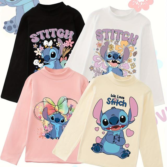 TEMU Park Long Sleeve Clothes 4pcs, Cute Cartoon Stitch Print Pattern T-shirt, Teenagers' Warm High Neck Fleece Knit Sweater, Boys And Girls Can Wear, Versatile Fashion, Outdoor Sports, Daily Wear