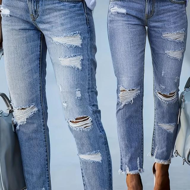 TEMU Women's Plus Size High-waist Stretch Denim Jeans With Ripped Knee & Frayed Hem - Sexy Distressed Blue Jean Pants, Comfortable Casual Wear, High Waisted Jeans