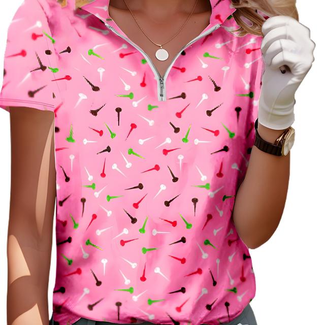 TEMU Camiseta de Golf para Mujer - Estampado Geométrico Rosa Vibrante, Cuello con Cremallera, Manga Corta, Poliéster Transpirable, Lavable a Máquina, Ropa Deportiva Casual Todo , Tela Protectora Solar