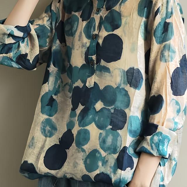 TEMU Damens Casual Bluse mit Bootsausschnitt - Blau & Beige -Langarmshirt für Frühling/Herbst, Handwäsche, Halsdekoration, Herbstmode, Lockerer Schnitt, Weicher Stoff, Knopfleiste