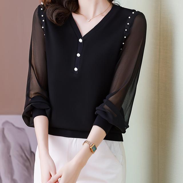 TEMU 여성용 V넥 쉬폰 패치워크 긴팔 탑, 진주 장식, 티셔츠, 여성용 단색 부드럽고 편안한 다용도 탑, 여성 탑, 여성 티셔츠, 여성 의류