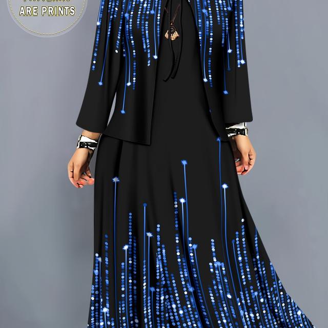 TEMU Conjunto de Moda Otoño-Invierno para Mujer, Chaqueta Cardigan de Manga Larga con Estampado y Vestido, 2 Piezas, Outfit Casual y Elegante