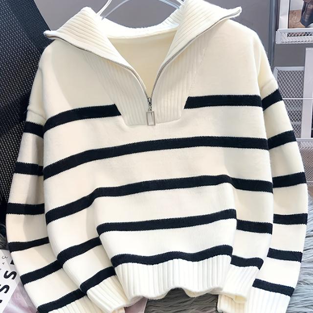 TEMU Developing A Versatile Striped Pattern With A Collar, Zipper, And Drop Shoulder Long-sleeve Women's Sweater