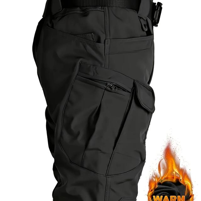 TEMU 남성용 플리스 안감 전술 카고 팬츠, 다중 포켓, 두꺼운 보온 기능, 방풍 원단, 세탁기 사용 가능 - 레귤러 핏, 하이킹 및 아웃도어 캐주얼 웨어, 가을/겨울 | 솔리드 컬러 디자인, 강화된 포켓 디자인, 캠핑 장비