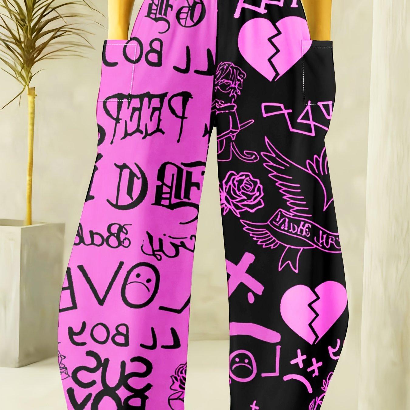 TEMU Pantalones de baile casuales de cintura y corte holgado para mujer, con estampados retro de corazones y letras, tirantes anchos y bolsillos, perfectos para el