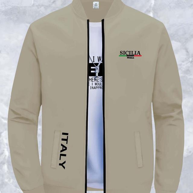 TEMU Men's Slim-fit Casual Jacket With Stand Collar - Trendy Print Design, Zip Closure, Fall/winter