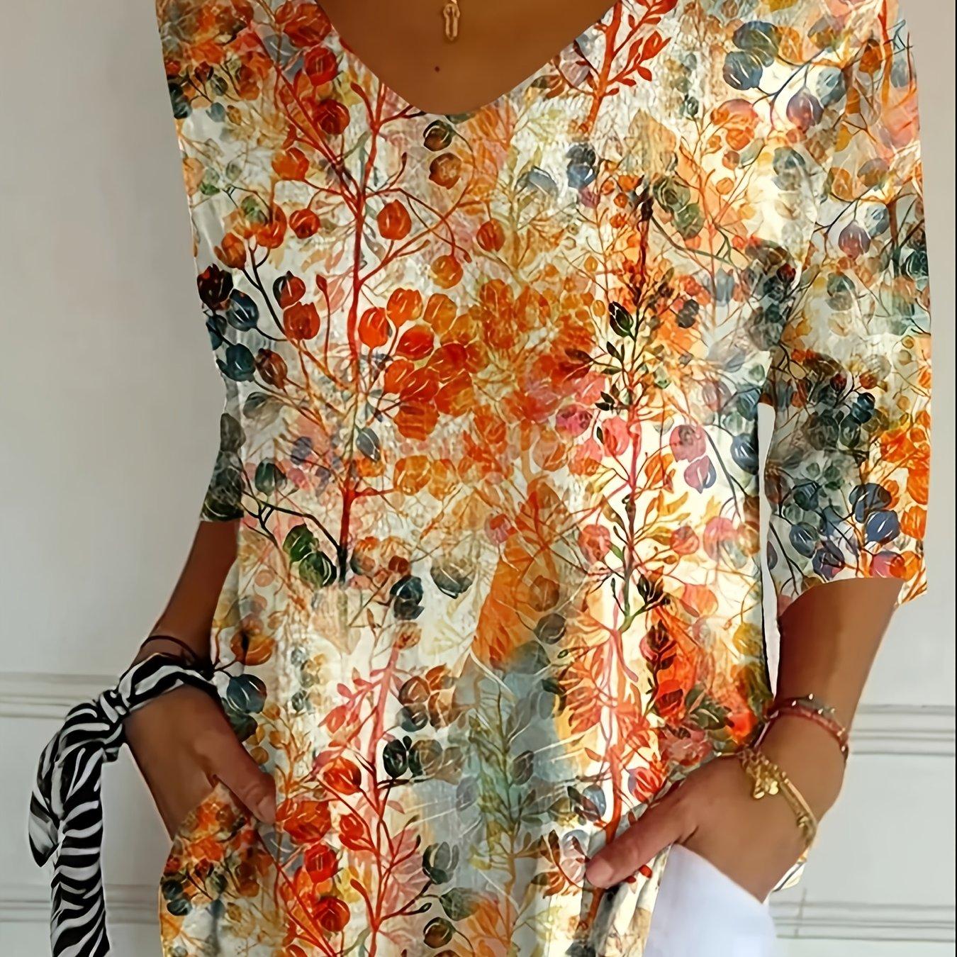 TEMU Plus Size, Plus Size Women's V-neck Fashion Floral Print Loose Elegant Medium Sleeve T-shirt