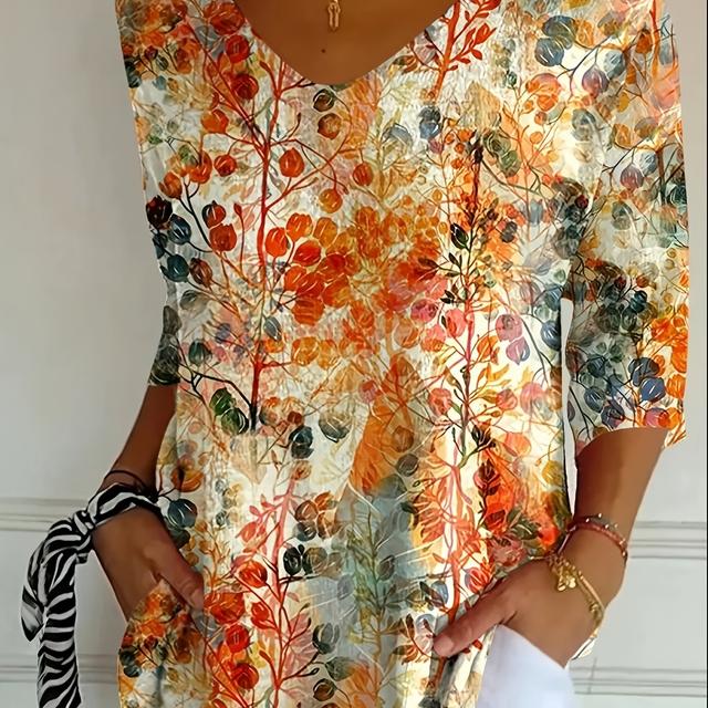 TEMU Plus Size, Plus Size Women's V-neck Fashion Floral Print Loose Elegant Medium Sleeve T-shirt