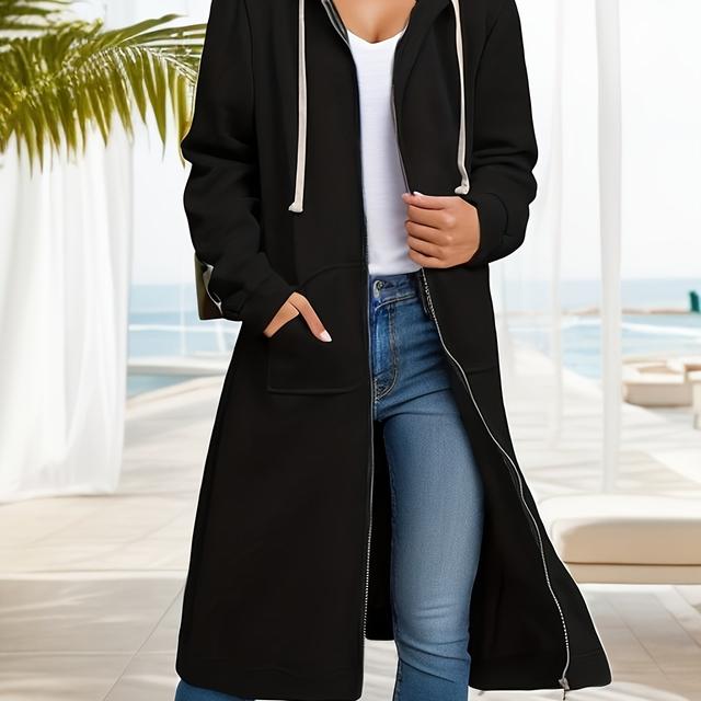 TEMU Women's Plus Size Navy Blue Hooded Zip-up Jacket - Long Sleeve, Casual Fall & Winter Wear, Casual Winter Wear | Elegant Long Sleeve Jacket | Knit Construction, Plus Size