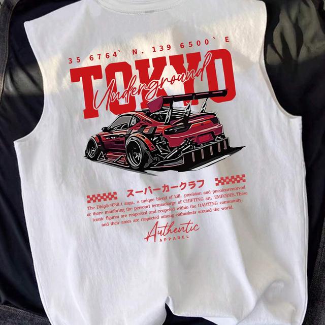TEMU Camiseta Sin para Hombre con Estampado de Coche de Tokyo - Tejido Transpirable, Lavable a Máquina, Ropa Deportiva y Casual para , Verano y Otoño
