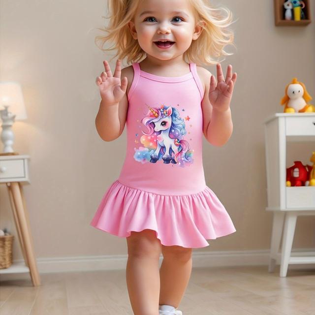 TEMU Girls' Sleeveless Rainbow Unicorn Print Dress - Stretchy Slim Fit Summer Casual Playwear, Vibrant Cartoon Design For Baby Girls, Clothes For Girls, , Design, Stretchy Fabric