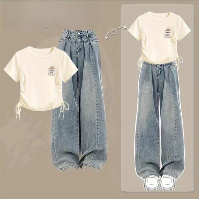 TEMU 2枚の夏のスチールジーンズ、カジュアルな半袖Tシャツ、アヘム、カラー、ラリーブ、レギュラーラング、オフショルダースタイル、軽くストレッチした素材、女性用