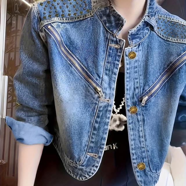 TEMU 女性用トな3D装飾シングルブレスト長袖カジュアルジャケット - 耐久性のある生地、春と秋にのデニムオーバーレイ、レイヤリングまたはスタンドアロンアウトフィットに最適、カジュアルウェアジャケット | シングルブレストデザイン | 生地