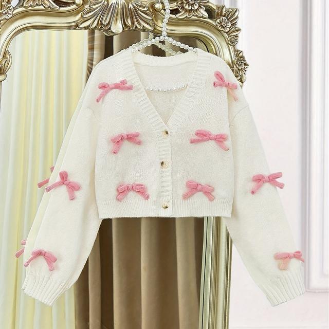 TEMU Girls' Fashionable Casual Coat - Soft, Warm & Versatile 3d Bow-decorated Long-sleeve Cardigan With Elegant Design For Everyday And Formal Occasions, Perfect Knitwear For Autumn/winter