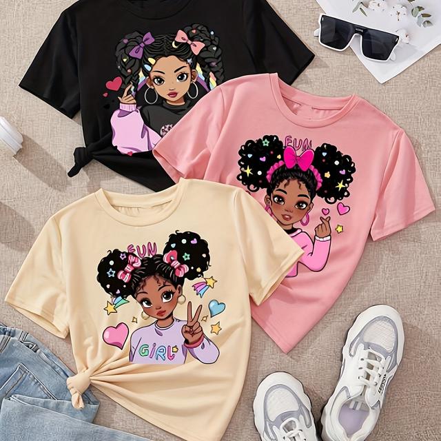 TEMU 3pcs Girls' Cute & Cartoon Short Sleeve T-shirts - Loose Fit Round Neck Blouses, Spring Summer Fall Outfits, Machine Washable For & Little Girls 3pcs Combination Pack