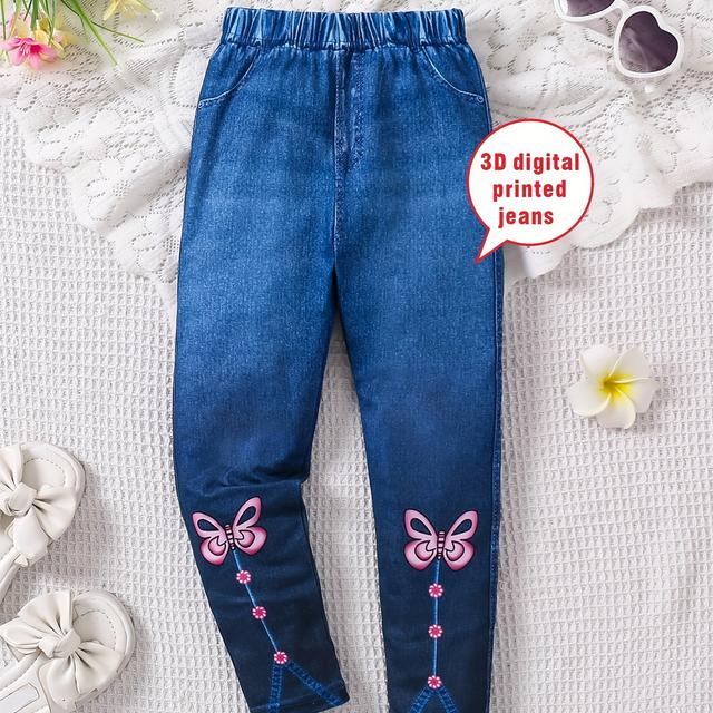 TEMU Girls' 3d Pocket High-stretch Knit Leggings With Fashionable Print And Small Cuff Pants, Perfect For Outdoor