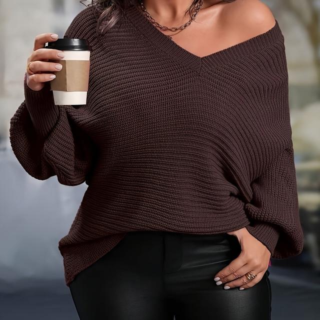 TEMU Plus Size, Elegant Plus Size Women's V-neck Pullover Sweater - Long Sleeve Relaxed Fit With Cut-out Details, Top For Halloween Christmas Valentine's Day Gift