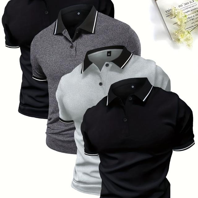 TEMU 4-pack Men's Summer Shirts, Solid Color Short Sleeve, Regular Fit, Knit Fabric, Polyester 95%, Elastane 5%, Lapel Collar, Button Detail, Stretch, Casual Sportswear Tops