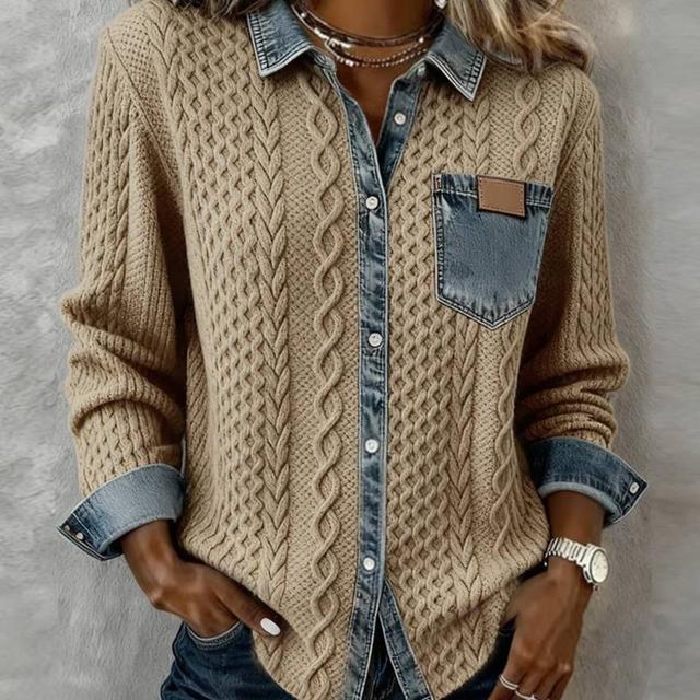 TEMU 2025 New Women's Western Style Denim Shirt, Vintage Mixed Media Long Sleeve Jacket, Boho Chic Button Cardigan