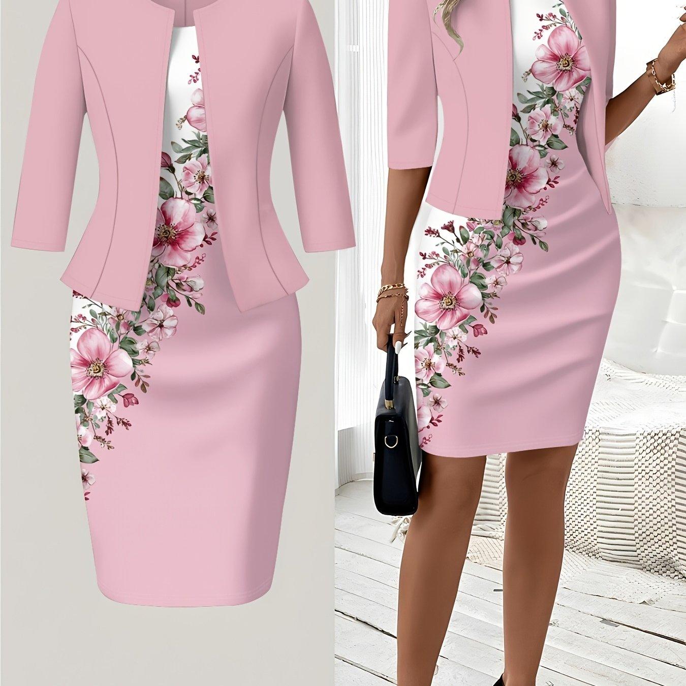TEMU Pink Floral Print Dress With Round Neck Dress Set