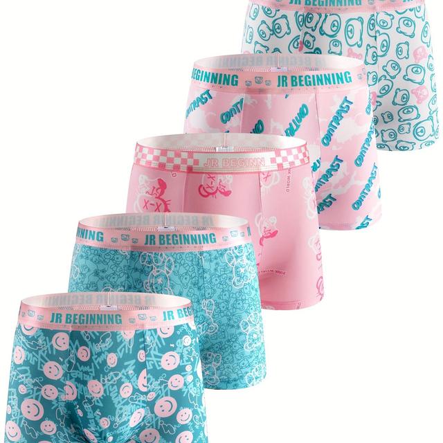 TEMU 5-pc Youth Boxer Briefs, Geometric Pattern, Medium Stretch Knit Fabric, 95% 5% Elastane, Fit Underwear For Men
