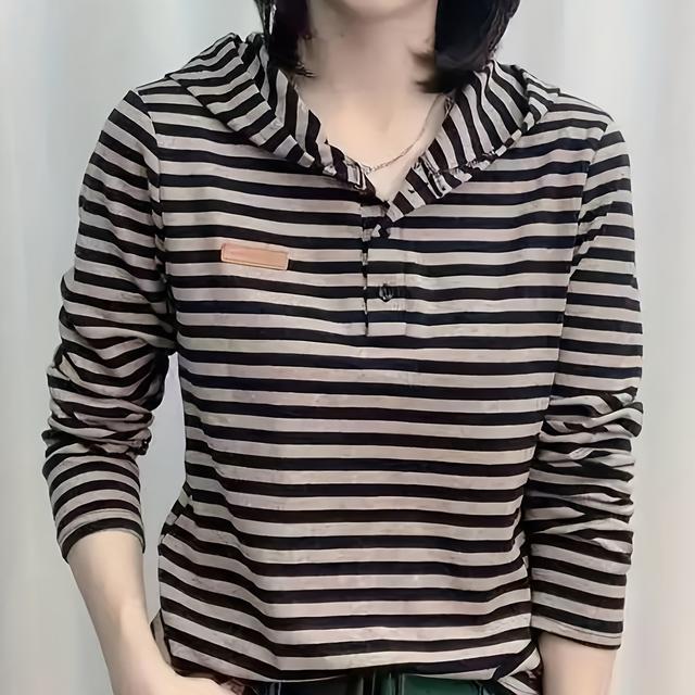TEMU 【秋の長袖パーカー】トレンドのストライプ柄＆フード付き長袖Tシャツ。プラスサイズの女性にのフで着回しやすい普段使い。体型をキープするスウェットシャツトップス。