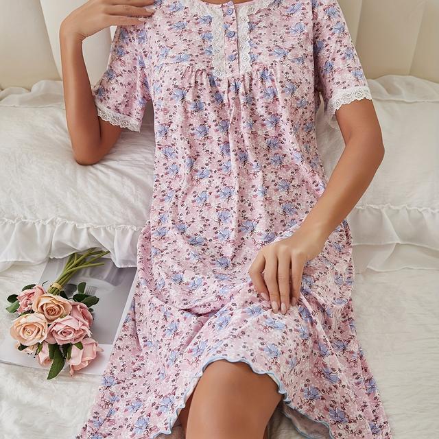 TEMU Romantic Sleepwear] Elegant Floral Nightgown For Women - Romantic Lace-trimmed Short Sleeve Sleep Dress With Ruffle Hem, Comfortable Polyester Blend, Spring/summer/fall